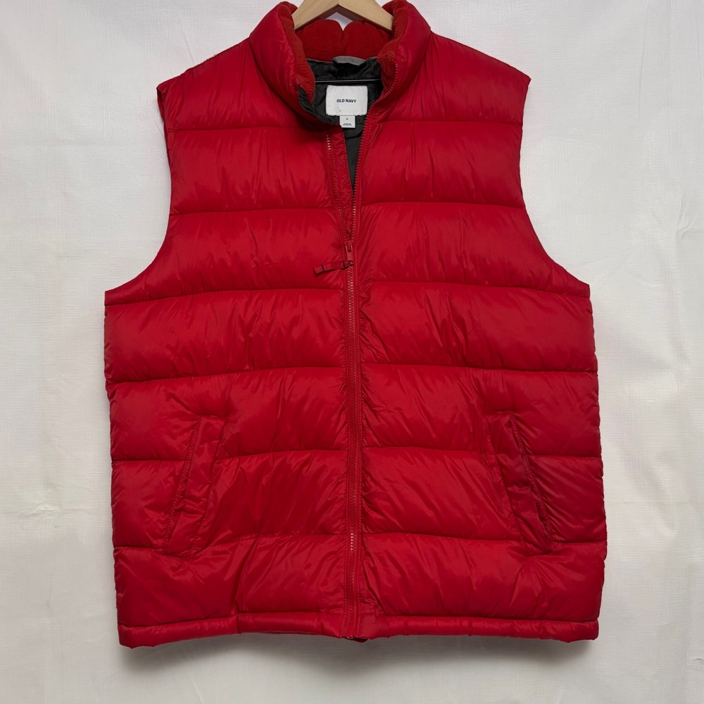 Old Navy Puffer Vest Mens XL Red Excellent Quilted Fleece Lined Full Zip